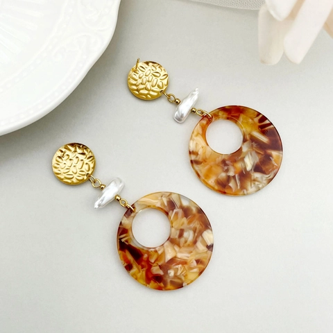 Pendientes de Acero Inoxidable Estilo Corte Vintage Con Perla Artificial y Pendientes de Aro Geométricos de Resina de Carey