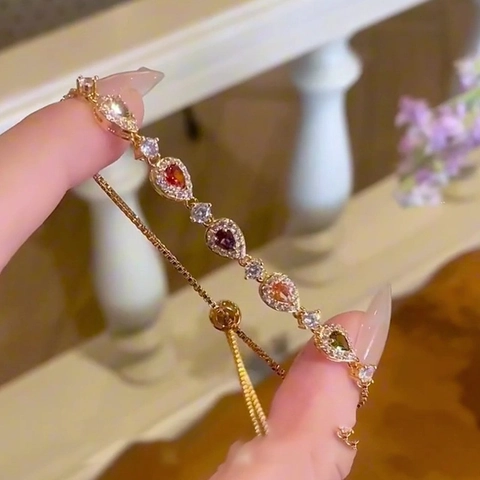Multicolor Teardrop Zircon Bracelet Copper Gold Tone Adjustable Sliding Bead Box Chain Elegant Jewelry For Women