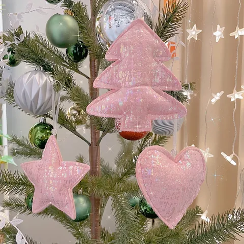 Ornamenti Appesi Di Natale Rosa Iridescente Paillettes Peluche Stella Cuore Albero Forme Per Decorazione Festa Casa
