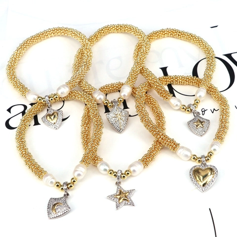 French Vintage Copper Zirconia Artificial Pearl Star Moon Pendant Bead Chain Bracelet For Women Fashion Jewelry Gift