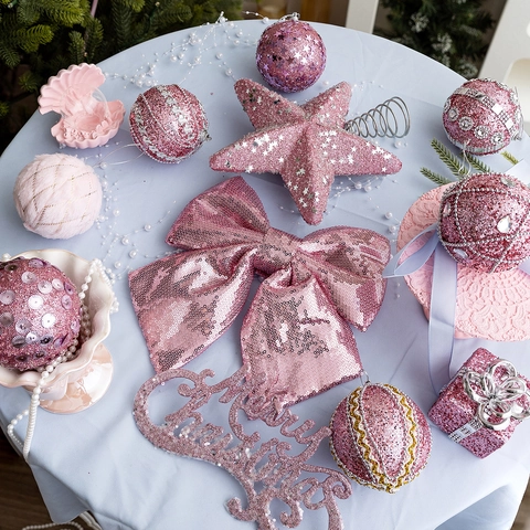 Pink Christmas Tree Decoration Ornaments Sequin Glitter Plush Baubles Star Topper Bow Letter Sign Home Party Decor