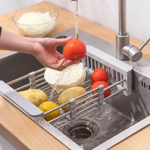 Telescopic Sink Drain Rack Stainless Steel And PP Expandable Dish Drying Basket For Kitchen Fruits Vegetables Storage