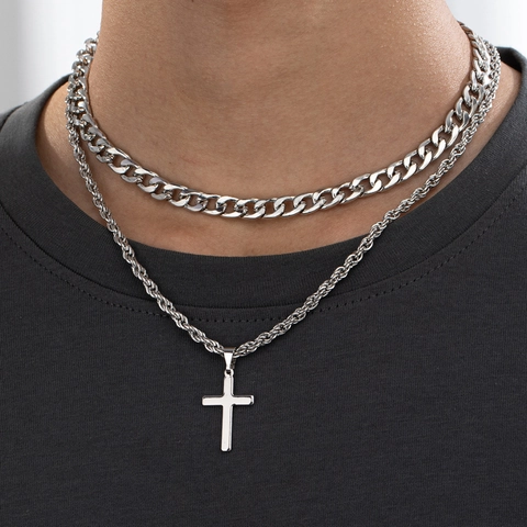 Double Layer Necklace With Cross Pendant Alloy Cuban Link And Rope Chain Hip Hop Punk Jewelry For Men