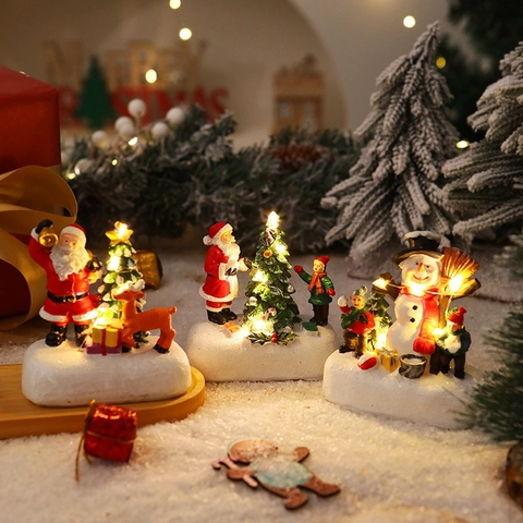 Christmas Miniature Landscape Ornaments Resin LED Glowing Santa Snowman Deer Desktop Decoration Festive Gift
