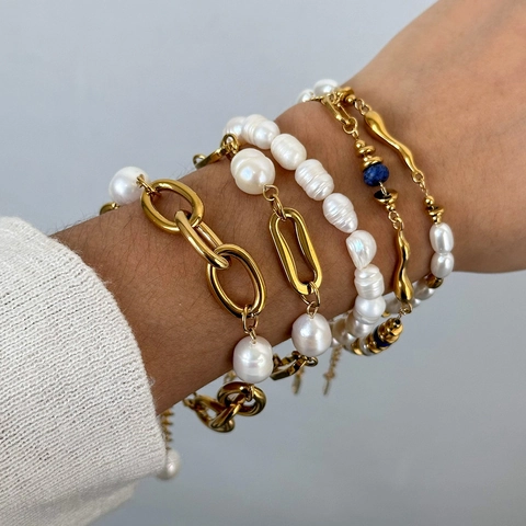 Bracciale In Acciaio Inossidabile Künstliche Perle Accenti Pietra Blu Gioielli Placcati Oro Stile Sovrapposto Da Donna