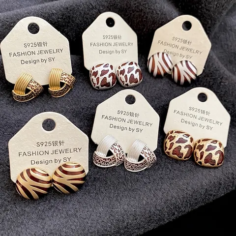 Orecchini A Perno Geometrici In Smalto Animalier In Rame Con 925 Sterling Silver Earring Post Per Donne