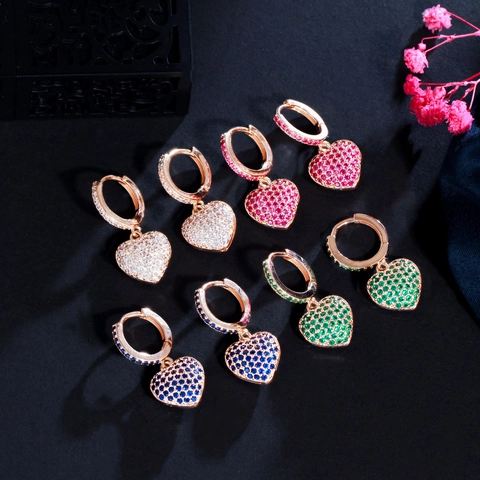 Heart Dangle Hoop Earrings Copper Micro Pave Cubic Zirconia Romantic Elegant Jewelry For Women