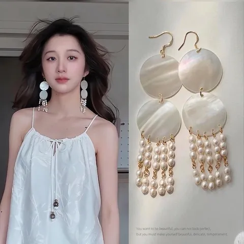 Mother Of Artificial Pearl Tassel Long Earrings Elegant French Style Shell Artificial Pearl Dangle For Women Luxury Bohemian Sweet Jewelry