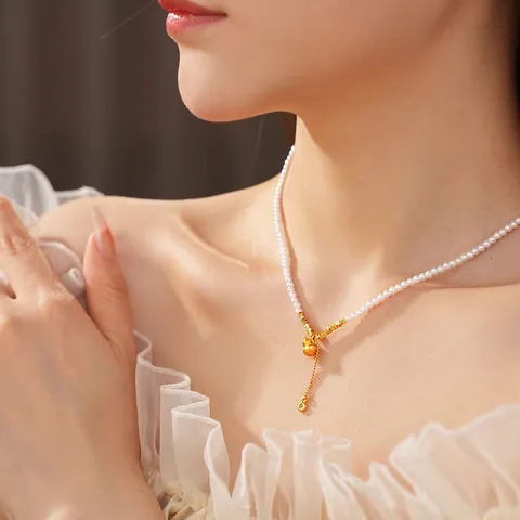 Retro Gold Plated Copper Necklace With Faux Artificial Pearls And Zirconia Gourd Pendant Tassel Choker For Women Wedding Banquet Jewelry