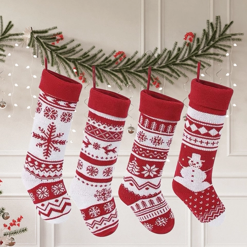 Calze Di Natale In Maglia Rosso Bianco Fiocco Di Neve Renna Albero Motivo Appeso Sacchetto Regalo Decorazioni Per Feste