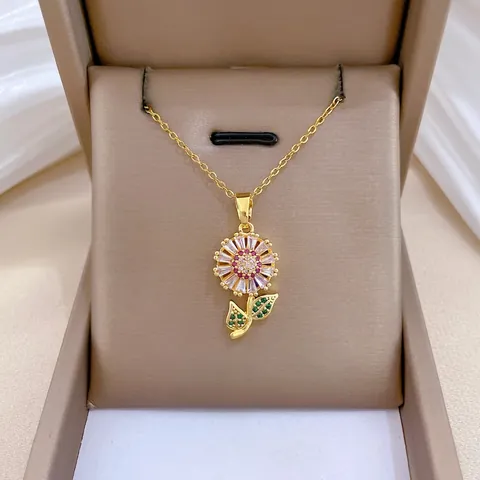 Sunflower Pendant Necklace Stainless Steel Chain Copper Inlaid Zircon Flower Multi Color Elegant Gold Plated Clavicle Jewelry Women