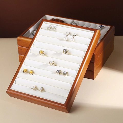 Solid Wood Jewelry Display Tray With Velvet Lining Multi Grid Organizer Plate For Earring Bracelet Necklace Business Showcase