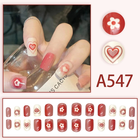 Press On Nails Pink White Heart Flower Sweet Cute Ins Style Detachable Glossy Square Round Fake Nails For Women