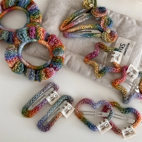 Rainbow Crochet Hair Clip And Scrunchie Knitted Cotton Yarn Handmade Sweet Gradient Hair Accessories For Girls