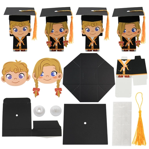 Graduation Cap Candy Box 3D Bachelor Hat Shape Paper Gift Boxes With Tassel For Ceremony Party Favor Cartoon Style
