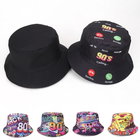 Cappello Da Pescatore Retro Stampa 80s 90s Y2K Reversibile Poliestere Protezione Solare Pieghevole Streetwear Unisex