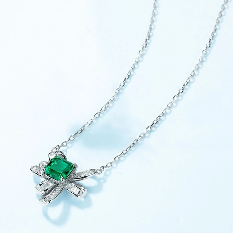S925 Sterling Silver Lab Created Emerald Necklace For Women Elegant Bow Pendant Silver Plated Rhinestone Clavicle Jewelry