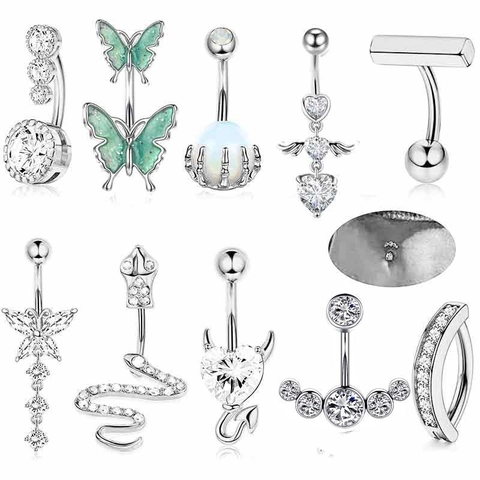 Ensemble de Piercings de Nombril en Acier Inoxydable pour Femmes Or Rose Strass Incrusté Papillon Serpent Cœur Bijoux