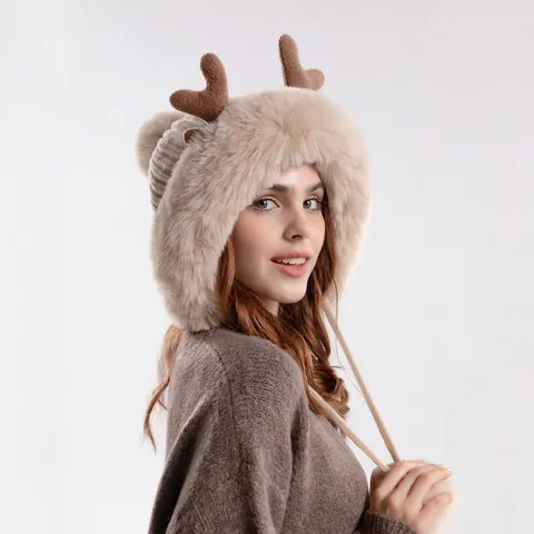Berretto In Maglia Con Corna Di Renna Ecopelliccia Protezione Orecchie Fodera In Pile Inverno Caldo Natale Pom Pon Donna