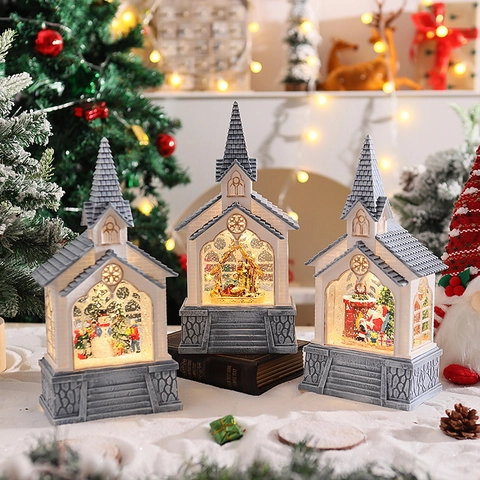 Lanterna Chiesa Di Natale Carillon Ornamento Con Luce LED E Neve Luccicante Resina Decorazione Da Tavolo Festiva Vintage