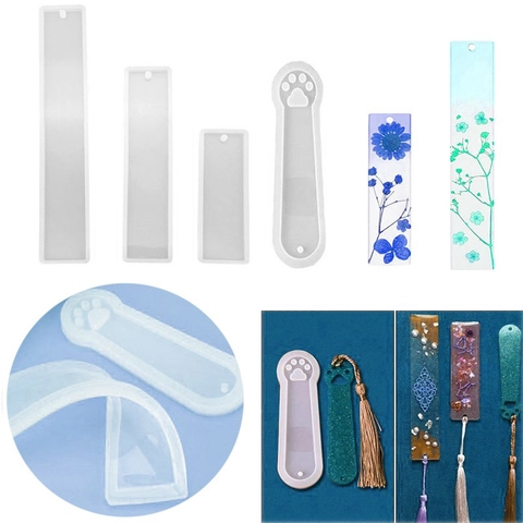 Silicone Bookmark Mold DIY Resin Epoxy Casting Tool Rectangular And Cat Paw Shape With Hanging Hole For Handmade Crafting