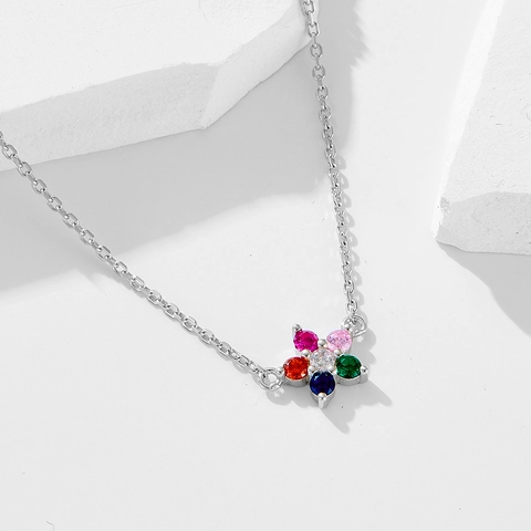 Colorful Zircon Flower Pendant Necklace 925 Sterling Silver Clavicle Chain Sweet Elegant Fashion Jewelry For Women