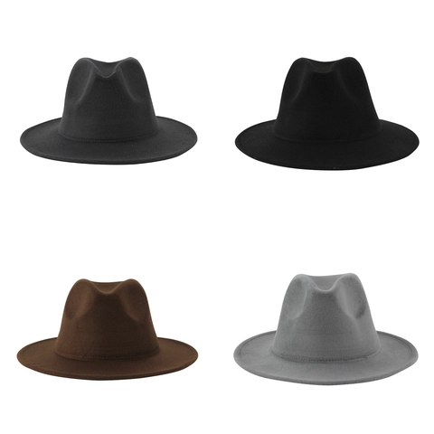 Retro Fedora Hat Polyester Felt Wide Brim Elegant Jazz Cap For Men Women Solid Color Autumn Winter British Style