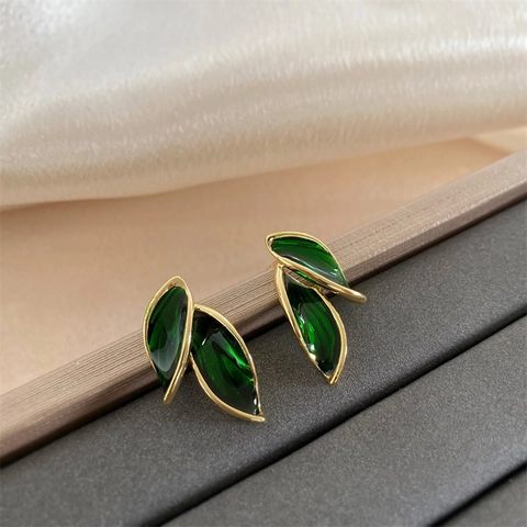 Leaf Stud Earrings Alloy Enamel Gold Border Nature Style Elegant Fashion Accessories For Women
