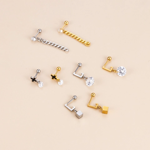 Ear Cartilage Studs Stainless Steel Zircon Dangle Tassel Chain Cross Piercing Jewelry For Women Geometric Fashion