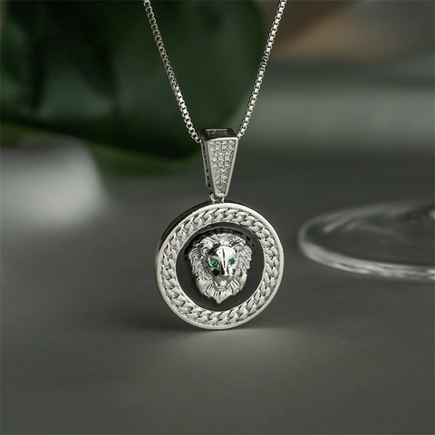 Lion Head Pendant Necklace Copper Enamel Round With Cubic Zirconia Green Eyes Box Chain Hip Hop Vintage For Men Women