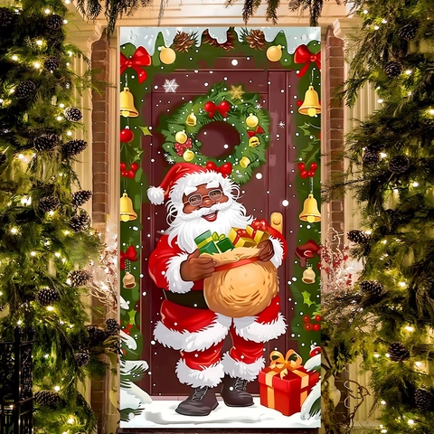 Striscione Per Porta Di Natale Poliestere Babbo Natale Nero Decorazione Per Casa Esterna Bandiera Appesa