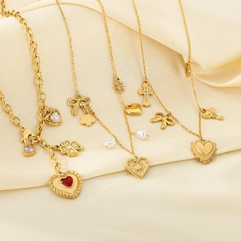 Collana In Acciaio Inossidabile Placcato Oro Pendente Cuore Fiocco Perla Artificial Imitazione Zircone Gioielli Donna