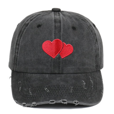 Cappello Da Baseball Vintage In Cotone Lavato Ricamato Doppio Cuore Visera Strappata Regolabile Dad Hat Unisex