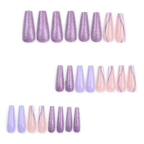 Paarse Glitter Lange Coffin Kunstnagels Ballerina Franse Golvende Lijnen Kunstmatige Nagels Manicure Voor Vrouwen