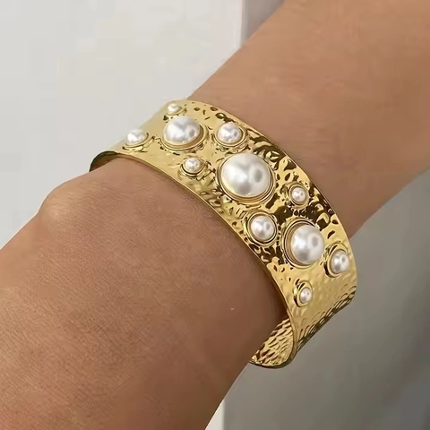 Stainless Steel Bracelet And Ring For Women Elegant Gold Plated With Imitation Artificial Pearl Tiger Eye Stone Hammered Wave Trendy