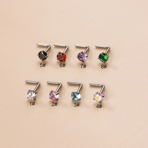 L-Shaped Nose Stud Stainless Steel Round Cubic Zirconia Piercing Jewelry Simple Trendy For Women Men