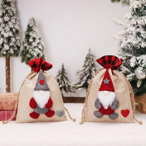 Bolsas De Caramelos De Navidad Tela De Arpillera Cordón Decoración Gnomo Cuadros Bolsas De Regalo Para Fiestas Rústico