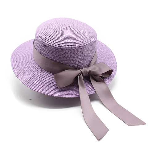 Women Straw Boater Hat Flat Top Wide Brim With Satin Ribbon Bow Sun Protection Summer Beach Vacation Elegant Accessory