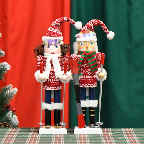 Casse-Noisette De Noël Figurines De Ski En Bois Garçon Et Fille Pull En Tricot Soldat En Fausse Fourrure Décoration De Table