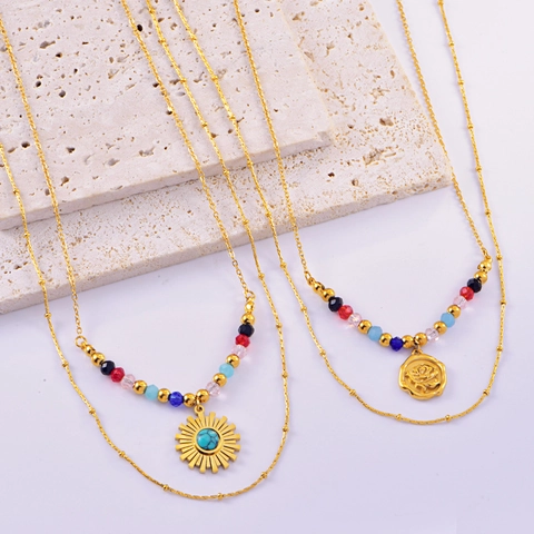 Double Layer Stainless Steel Necklace Beaded Gold Plated Sun Turquoise And Rose Flower Pendant Bohemian Style Women