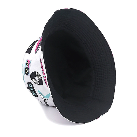Chapeau Bob Motif Musique Années Quatre-Vingts Réversible Polyester Toile Protection Solaire Extérieur Voyage Vintage Pop Art Unisexe
