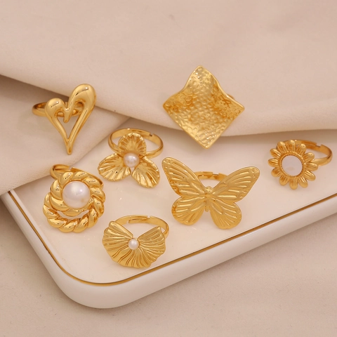 Anelli In Acciaio Inossidabile Vintage Per Donna Anello Aperto Regolabile Imitazione Perla Artificial Cuore Farfalla Forme Di Fiori Stile INS
