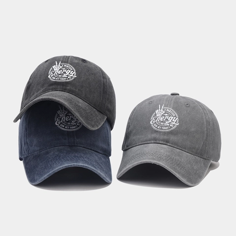 Washed Cotton Baseball Cap Retro Distressed Adjustable Unisex Sun Protection Curved Brim Energy Print Hat