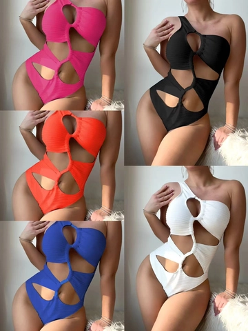 One Shoulder Swimsuit Women Ribbed Cut Out Monokini With Braided Detail Solid Color Beach Bathing Suit