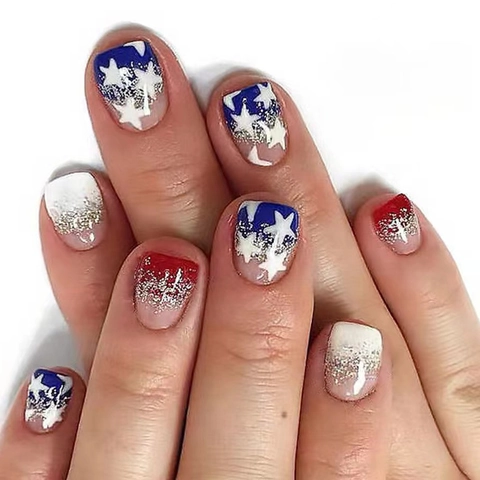 American Flag Theme Press On Nails Red White Blue Glitter Star Fake Nails For Party Wearable Manicure Art