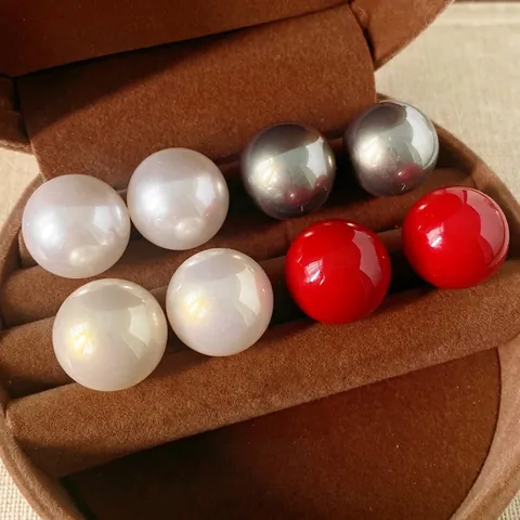 Large Round Ball Faux Artificial Pearl Stud Earrings With Silver Earring Post Minimalist High Gloss Elegant Jewelry For Women