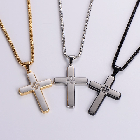 Collar Con Colgante De Cruz De Acero Inoxidable 316L Con Cristales Joyería De Moda Hip Hop Religiosa