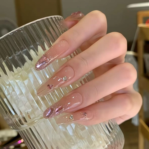 Uñas Postizas De Ataúd Largas Degradado Rosa Brillante Con Diamantes Corazón Para Mujeres Elegante Hecho A Mano