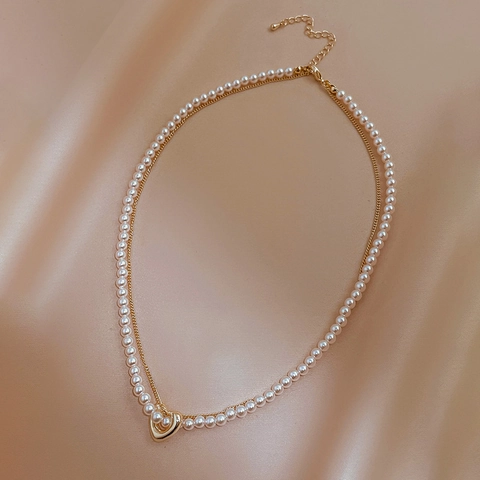 Doppelschichtige Halskette Imitationsperle Und Kupfer Vergoldet Herzanhänger Schlüsselbeinkette Elegant Minimalistischer Schmuck
