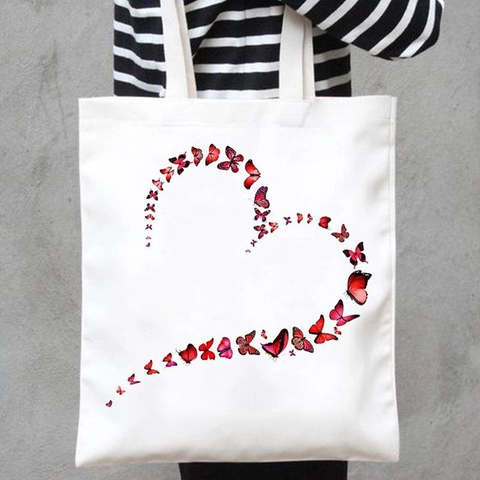 Butterfly Flower Printed Canvas Tote Bag For Women Harajuku Style Aesthetic Shoulder Shopping Handbag Reusable Eco Friendly